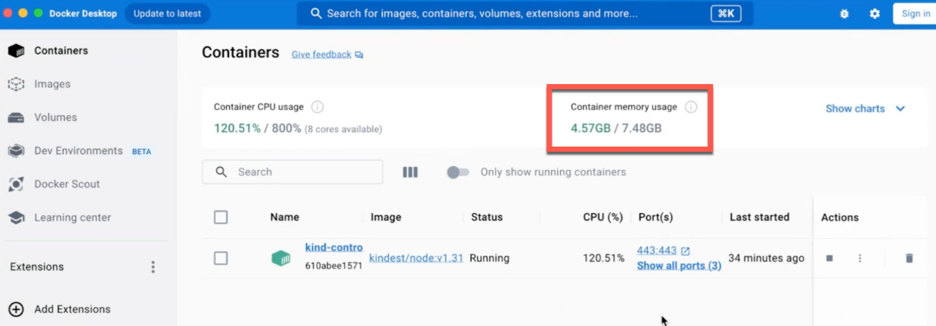 Docker Desktop showing the container is allocated 8Gi memory