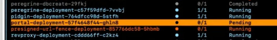 K9s screen showing portal deployment pod stuck in pending