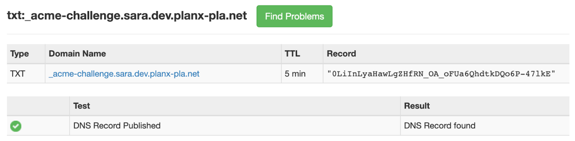 Results of MXToolbox TXT lookup tool after your challenge is successfully published