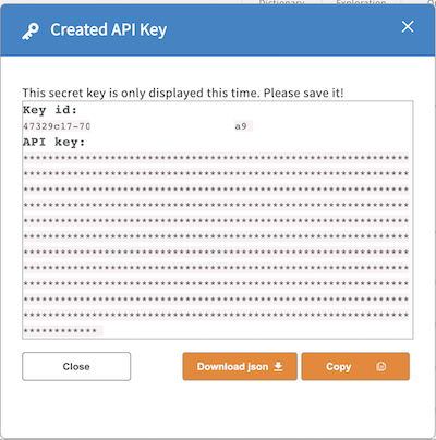 Screenshot of the API Key window showing the option to copy the API key or download the .json file with credentials