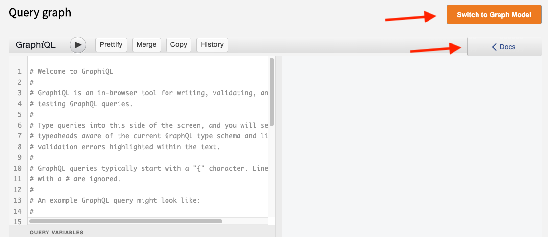 Image showing options on the GraphiQL Query page to toggle between graph or flat models, or examining documentation of the data commons graphQL schema.