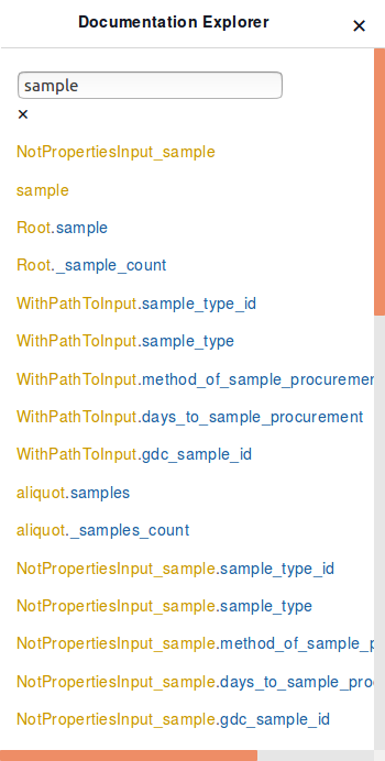 Image showing typing the name of a node, “sample”, into the “Search Schema” search-box in the Graph Model