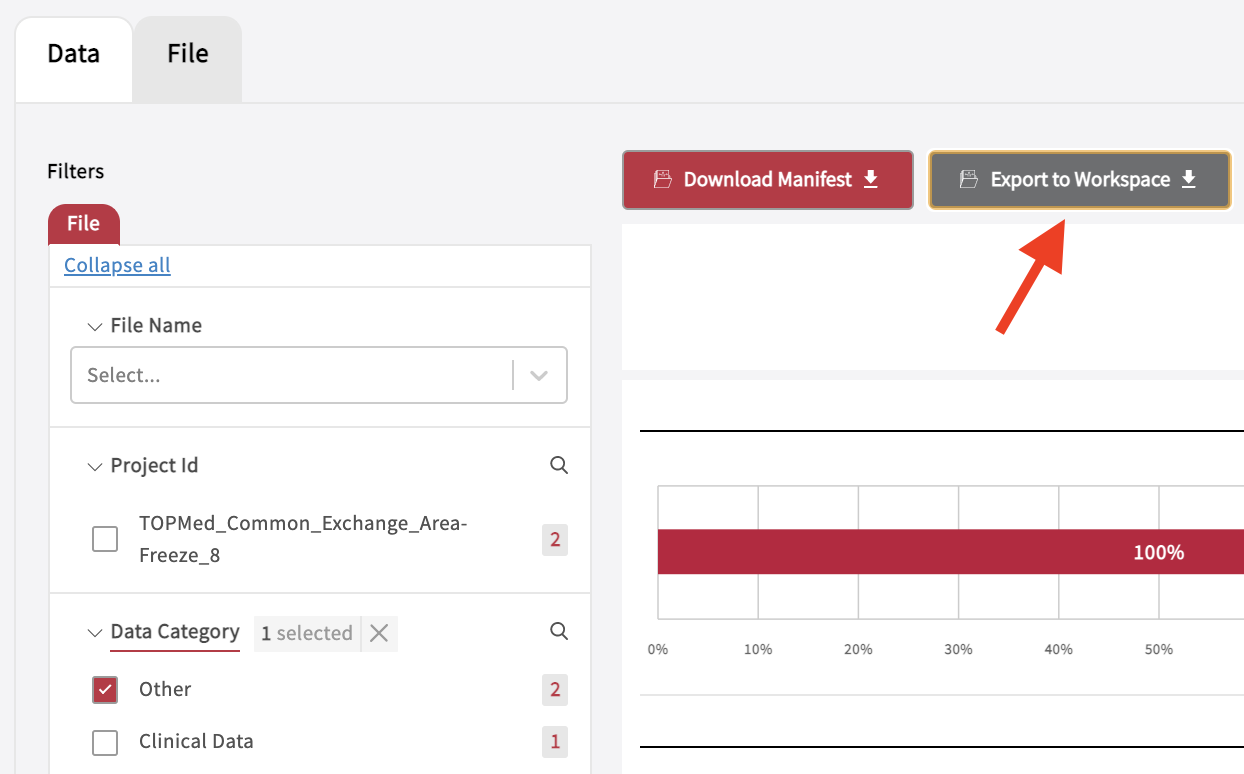 Screenshot of Exploration page showing how to export data to a Workspace with button