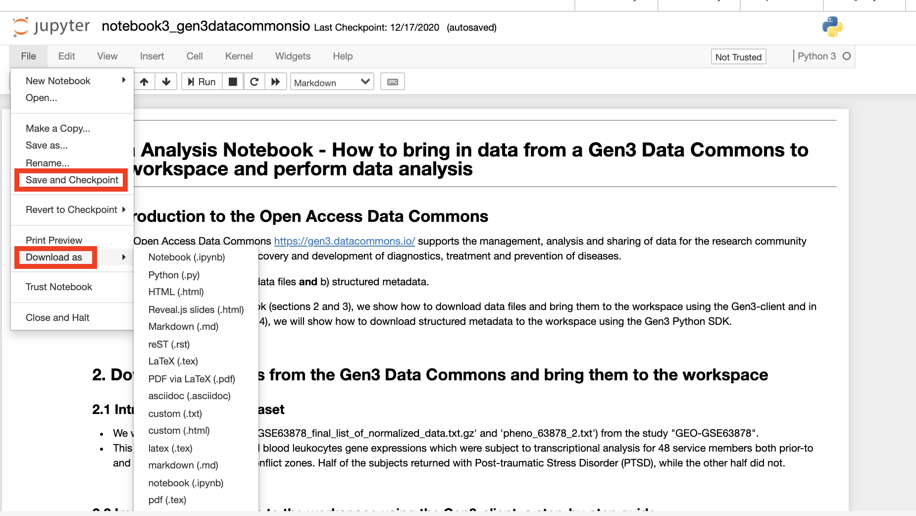 Image showing how to save and download options for the Jupyter notebook